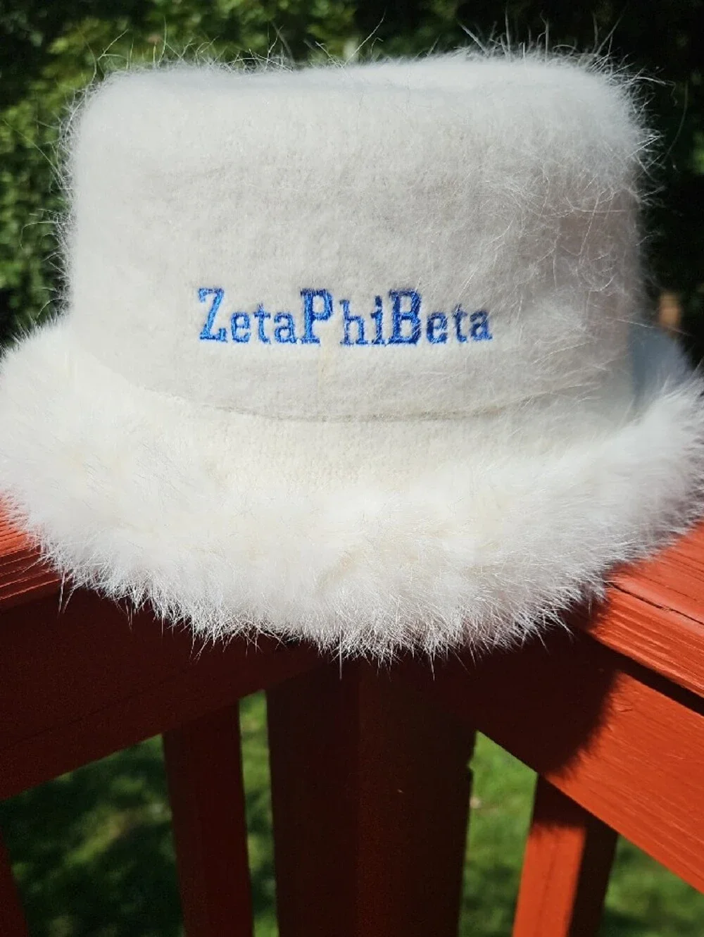 New Ivory White Cream Angora Wool Fur Bucket Hat with ZetaPhiBeta Embroidery